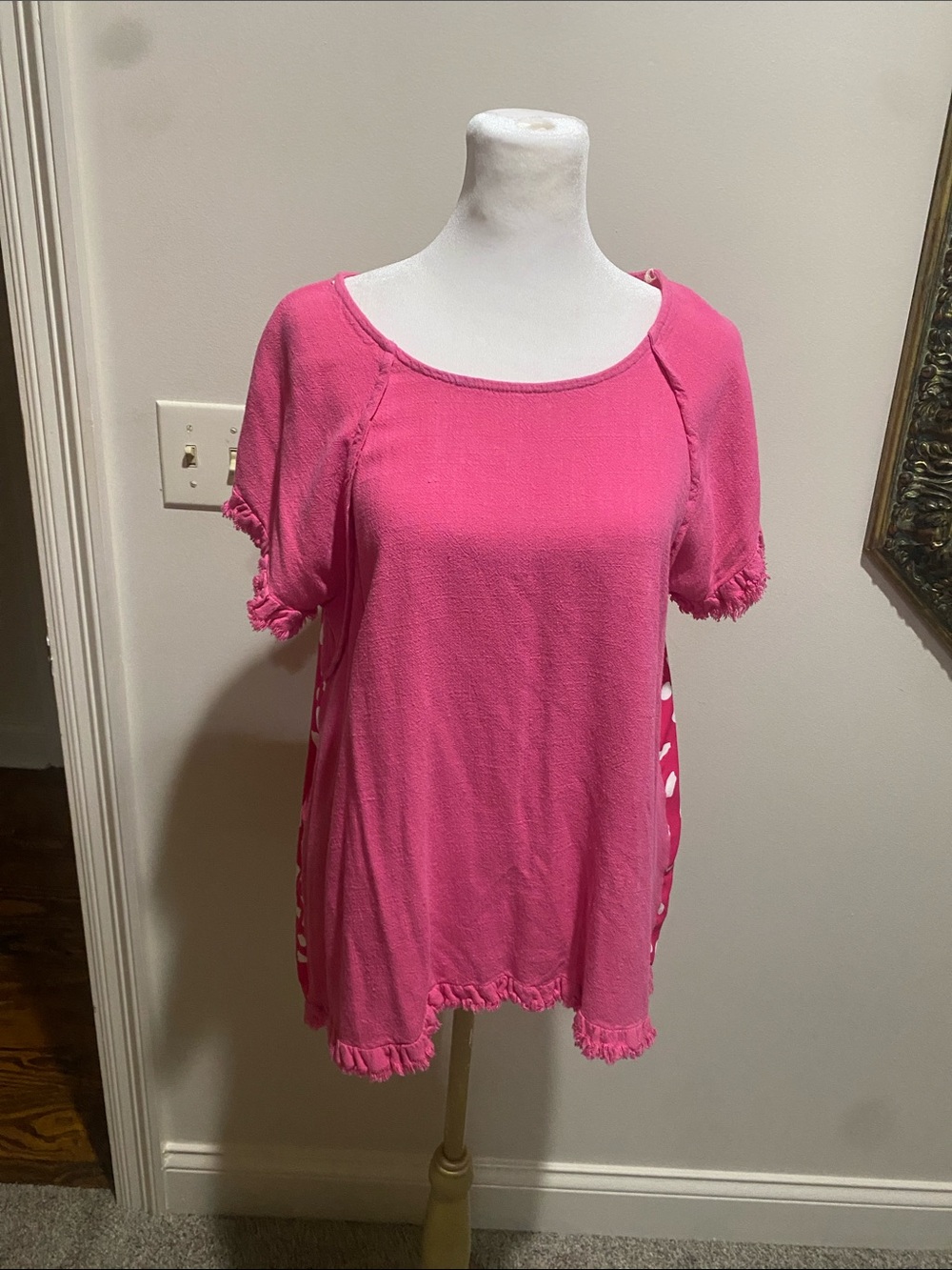 Umgee Hot Pink Fringe Short Sleeve Tunic Top